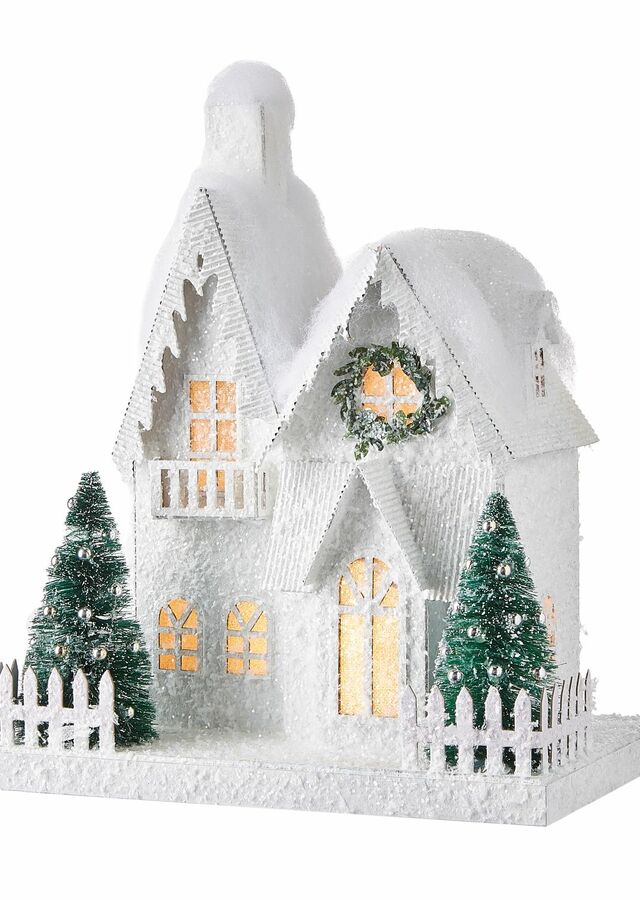 10.75 Flocked Double Gable Lighted House by The Flower Alley
