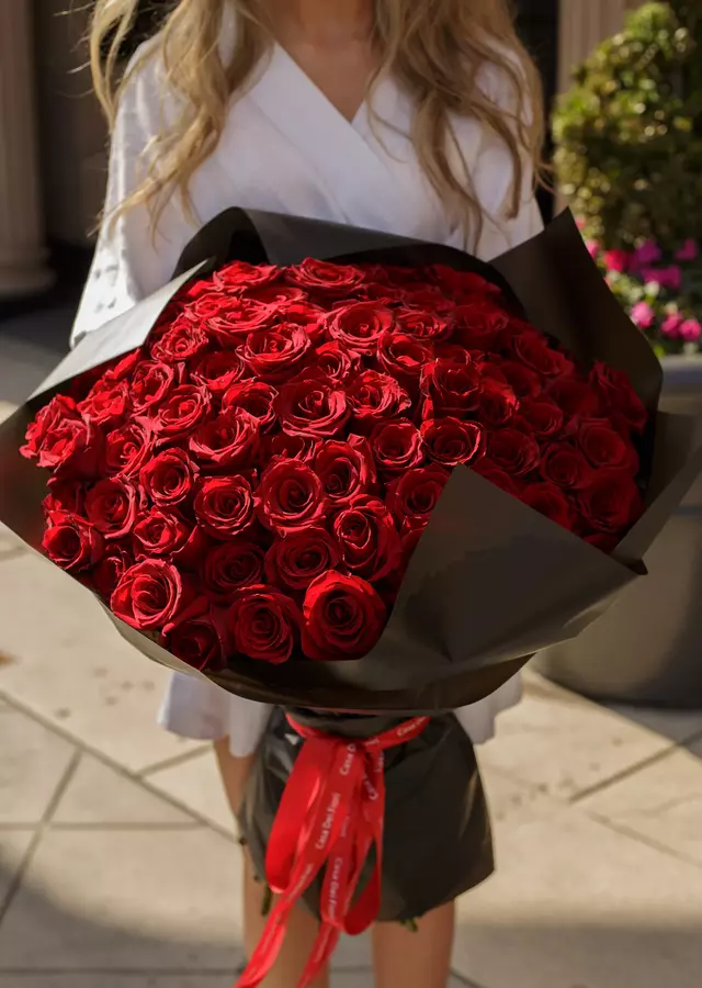 Display of 75 Red Roses Wrapped by The Flower Alley