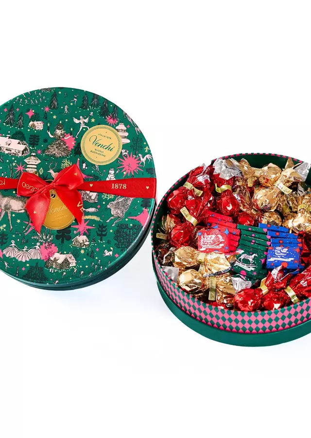 Display of Large Round Assorted Chocolate Christmas Box - Venchi Chocolates by The Flower Alley