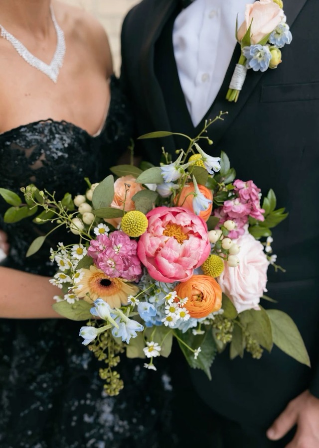 Display of Premium Colorful Matching Set: Bouquet and Boutonniere by The Flower Alley