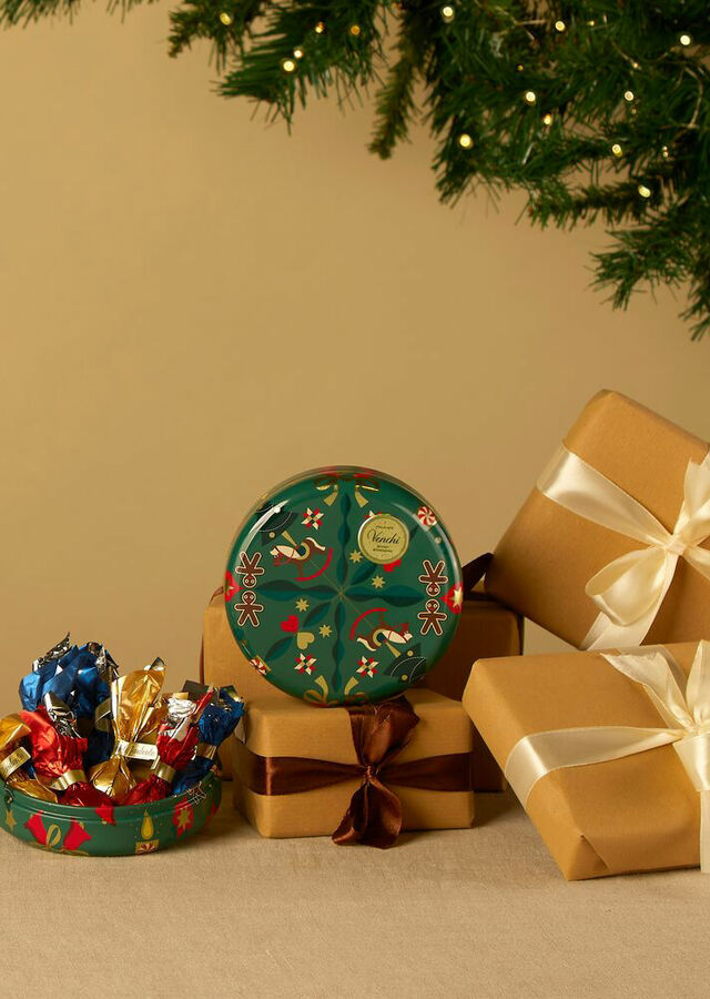 Round Christmas Tin with Venchi Italian chocolates 3.03 oz by The Flower Alley