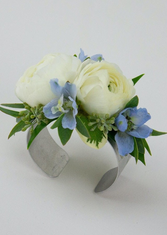 White & Blue Cuff Style Corsage by The Flower Alley